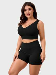 Women 2pcs Medium Suppor Ank Lop Ribbed Seamless Removable Cups Workout Exercise Sport Bra, Oga Ribed Seamless Workout High Waist Athletic Legging Shorts