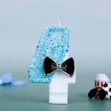 1pc Number 0-9 Black Tie Birthday Candles, Blue And White Gradient Digital Candles With Sequins, Suitable For Birthday Party Cake Decoration, Suitable For Cute Pet Theme Cake Decoration Candles, Cake Decoration Pure Handmade DIY - Blue and White - View 7