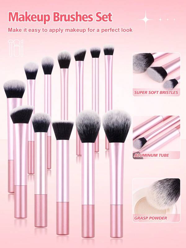 Set de 12 pensule de machiaj profesionale roz, inclusiv pensulă pentru pudră, pensulă pentru blush, pensulă pentru contur, pensulă pentru fard de pleoape, pensulă pentru iluminator, pensule cosmetice, cadou de frumusețe