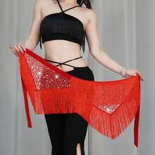 Women Belly Dance Hip Skirt Sequins Tassel Hip Wrap Scarf Ballroom Skirt Stage Show Mini Skirt Beach Vacation Party - 紅色 - 查看 1