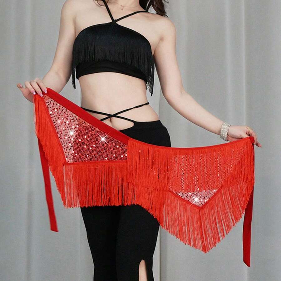 Women Belly Dance Hip Skirt Sequins Tassel Hip Wrap Scarf Ballroom Skirt Stage Show Mini Skirt Beach Vacation Party - 紅色 - 查看 1