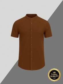 Men's Shirt Priest Collar Short Sleeve Premium Quality Social Casual - 鏽棕色 - 查看 4