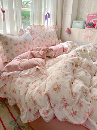 1 set rosa rosor, prydligt blommigt påslakanset, 3 delar, mjukt rynkigt tyg med prydliga blommiga spetsdetaljer, romantisk dekoration för kvinnors sovrum, present till alla hjärtans dag (1 påslakan + 2 örngott), örngotten är slumpmässigt skurna mönster