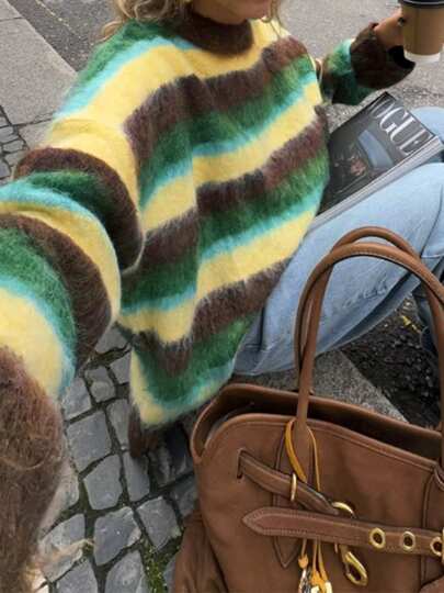 2025 Autumn/Winter New Fashion Niche Round Neck Contrast Color Striped Casual Long Sleeve Women Sweater, Wool Material