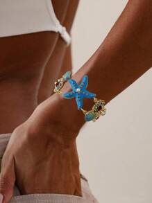1 Stück modischer Dopamin-Luxus-Öltropfen-Stil Seestern & Jakobsmuschel Muschelschmuck-Armband mit Strass und Kunstperlen, geeignet für Geburtstag, Feiertage, Geschenk für Freundinnen, Freunde