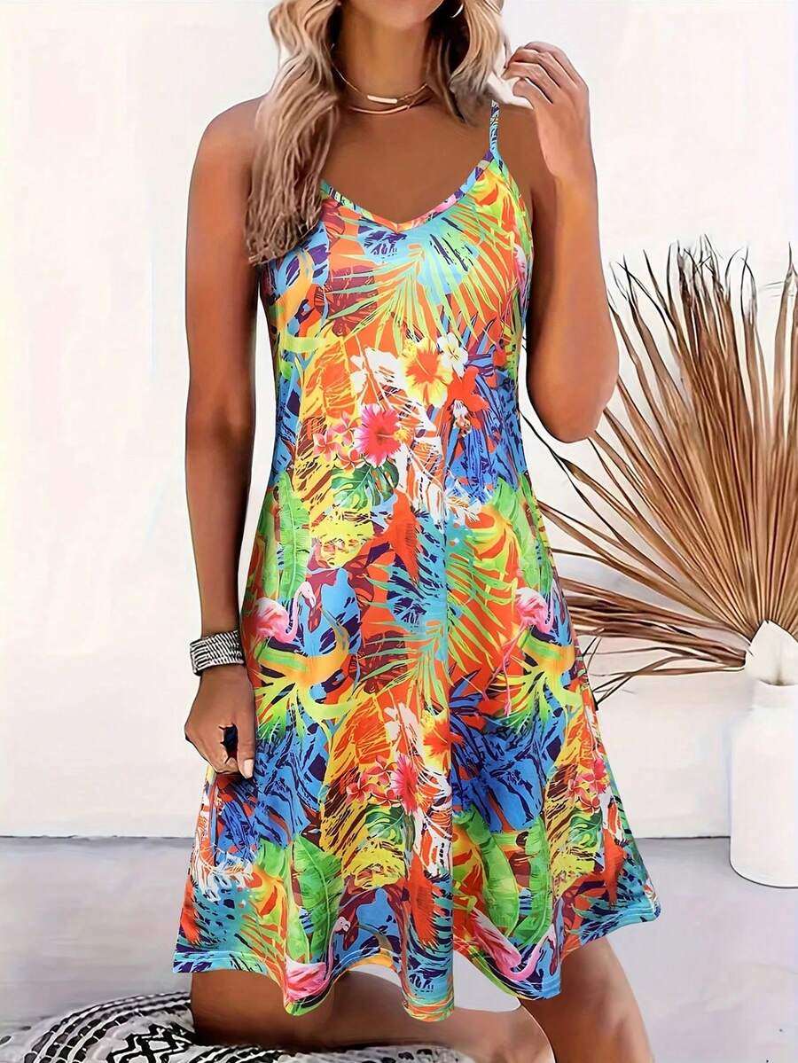 Tropical Printed Women's V-Neck Mini Dress For Summer,Sexy Vacation Beach Dress, Flowy Summer Party Dress For Women,Leisurely Summer Outfits For Women,Casual Backless Women Short Dresses - Màu vàng - Xem 1