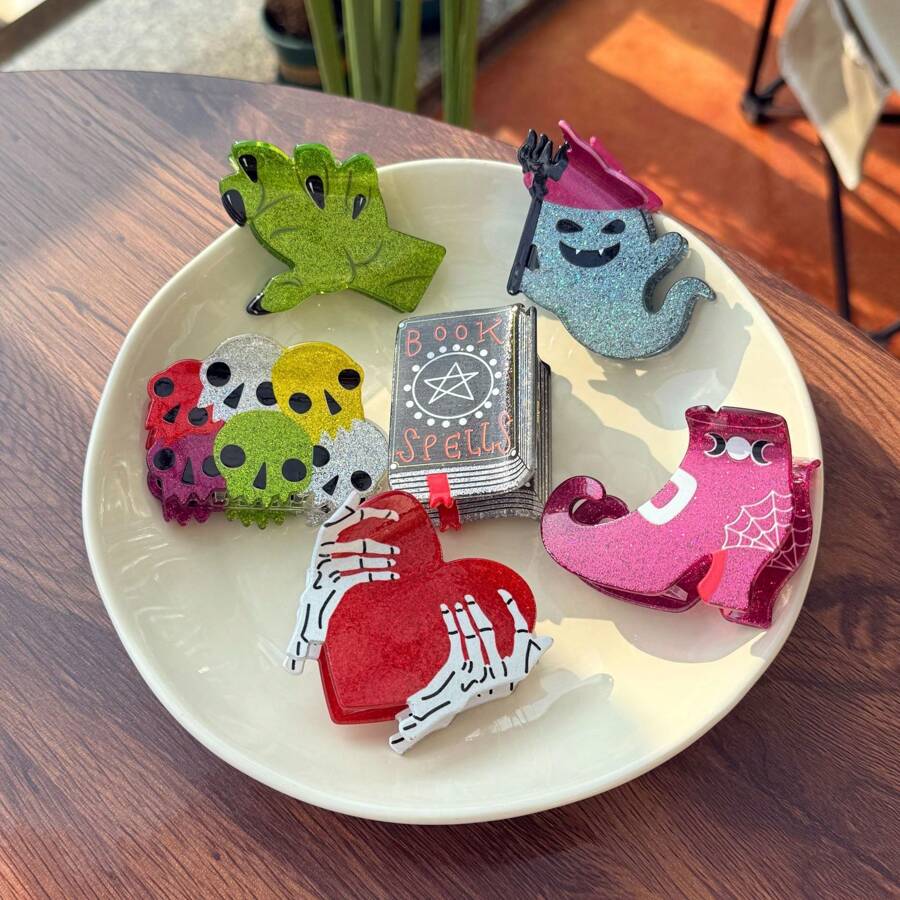 Pasadores de pelo con tema de Halloween - Mano de monstruo / Araña roja / Fantasma / Calavera / Telaraña / Forma de bruja Pinzas de moda, Pasadores de pelo únicos para moño y recogido, Accesorios de pelo lindos