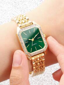 5pcs Luxury Square Green Dial Quartz Watch & Green Leaf Earrings, Necklace, Ring Set, Best Back To School Gift, Elegant Birthday Present, Versatile Summer Accessory