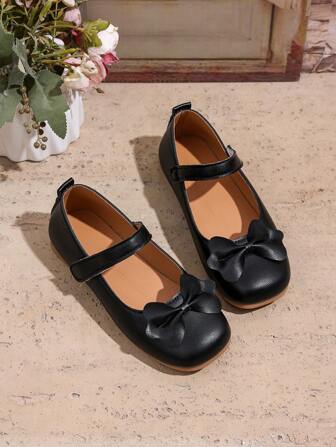 1 Pair Girls Black Bow Ballet Flats, Adjustable Hook&Loop Closure, Round Toe, TPR Non-Slip Sole, Comfortable, Plain Color, Suitable For 5-14 Years Old Girls, Suitable For Home, School, Holiday, Formal Occasions & Performances