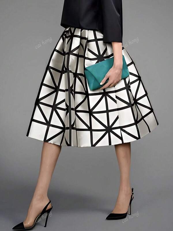 [Geometric Satin Skirt] Elegant Black Satin Women's High-Waist Geometric Print Zipper Midi Skirt | Casual Chic Style, Perfect For Spring & Summer