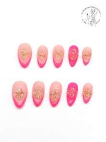 10片纯手工制作的按压式美甲贴，美甲用品，美甲贴纸，沙滩必备，25毫米长，粉色、白色等多种颜色，手绘红色花苞枝条，手绘红色花朵，红白圆点，黑色斑点装饰。春夏风格，可爱美甲贴纸。
