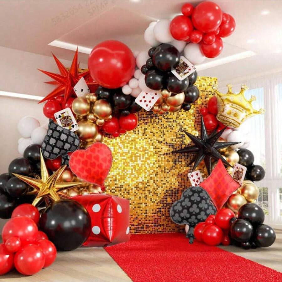 165 Pcs Casino Balloon Arch Garland Kit, Red Black Gold Balloons With Star Crown Dice Playing Card Foil Balloons, Suitable For Birthday Casino Night Las Vegas Casino Theme Party Decoration
