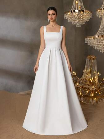 Faeriesty Elegant Satin Square-Neck Tie-Dress With Dramatic Floor-Length Hem | Luxurious Evening Look For Galas, Weddings Or Red Carpet Events, Bridesmaid Dress