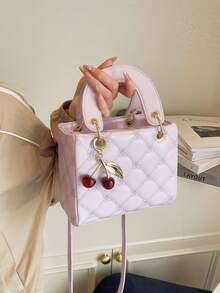 1pc Women Fashion New Cherry Quilted PU Leather Handbag, Simple Chic Square Bag With Elegant Refined Vibe, Suitable For Daily Commute, Dating, Shopping, Versatile Stylish Purse With Cherry Charm As Gift For Valentine's Day - Purple - View 3