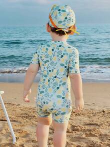 mini bala Kids' Summer One-Piece Swimsuit – Short Sleeve With Cap, UV Protection - Blue Tint - View 3