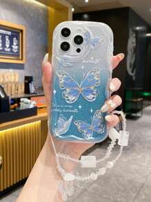 Accesorio de teléfono estilo Fairycore de 1 pieza, soporte de tarjeta con degradado azul y brillos + pulsera con mariposa + funda de TPU azul anti-caída compatible con iPhone 15/15Pro/15Plus/15Promax Kawaii