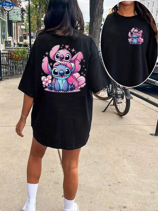 Disney Disney Stitch Cartoon Graphic Print Short Sleeve Crew Neck T-Shirt Dress, Slightly Stretchy, Opaque, Easy Care Fabric, Suitable For Daily Wear, T-Shirt Dress - Fashionable Short Sleeve Dress