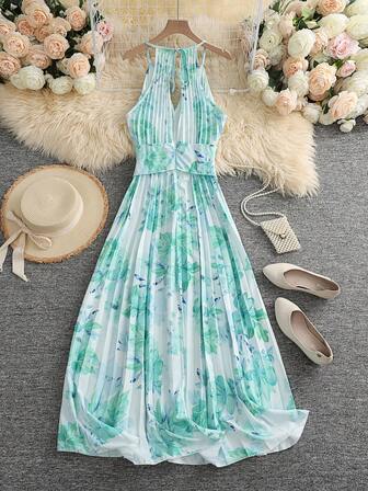 1 Piece Women's Floral Print Sleeveless Backless Slim Fit Dress, Women's Fall And Winter Dress, Back To School Season, Hawaiian Women's Dress, Music Festival Women's Dress, Holiday Women's Dress, Romantic, Bohemian Style, Women's Street Dress, Women's Casual Holiday Dress, Wedding Guest Dress