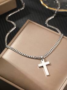 1pc Stainless Steel Men's Gift Cross Pendant Necklace With Matte Chain, Suitable For Daily Wear, Jewelry Gift