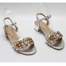 Fashionable Shallow Gold Rhinestone Chunky Low Heel Sandals For Women For Spring And Summer - Silver - View 2