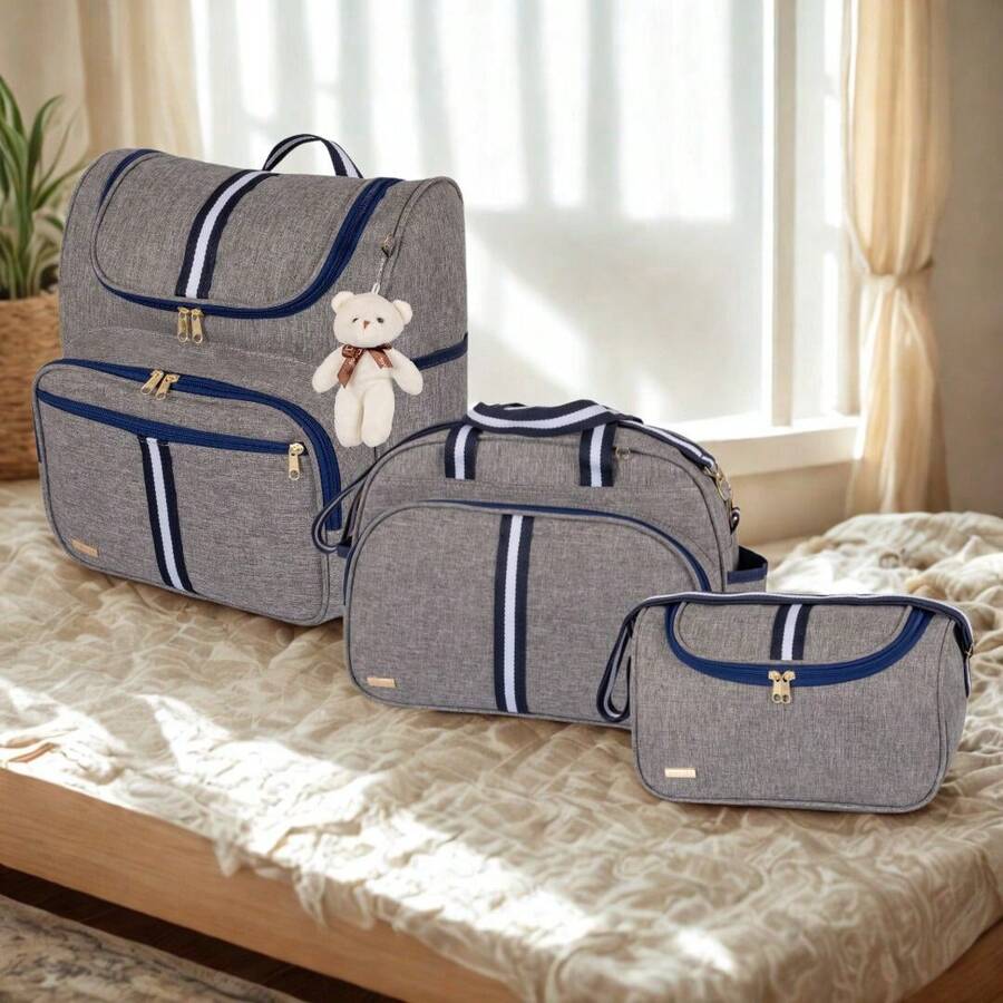 Kit Bolsas Maternidade 3 Peças com Mochila 2 em 1 faixa luxo Bolsa G, Bolsa P e Mochila G Infantil - Azul Marinho - Visão 1