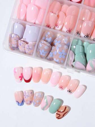 288 piezas/Caja (12 estilos surtidos) Pegatinas de uñas francesas de flor ovalada corta, pegatinas de uñas acrílicas cortas, uñas postizas de cobertura completa, con caja de almacenamiento, adecuadas para la vida diaria y fiestas de mujeres y niñas, suministros de arte de uñas.