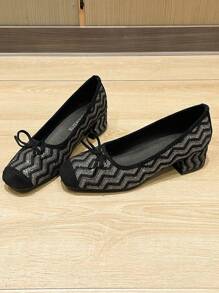 Zapatos de mujer de tacón ancho de punta cuadrada, bailarinas versátiles con lazo decorativo, zapatos de tacón tipo mula con diseño ondulado, tacones altos de color negro a la moda, tacones altos de mujer, talla grande