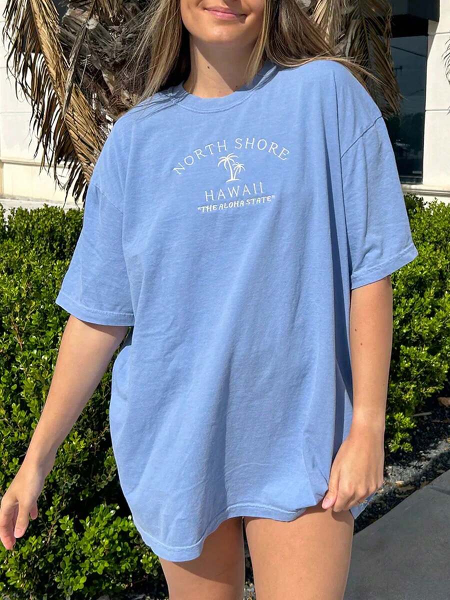 Oversized Graphic T Shirt For Women Teens Girl Y2K Hawaiian Print Short Sleeve Baggy Tee Shirts Loose Fit Vintage Aesthetic Coastal Tops Summer Beach Preppy Going Out Tops - 水鴨藍 - 查看 1