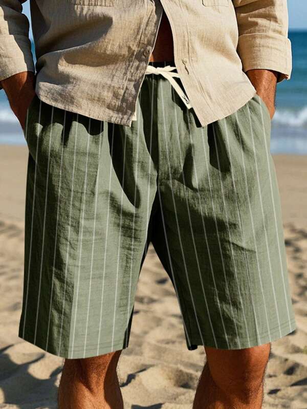 Pantaloncini da spiaggia da uomo oversize, in lino traspirante, a righe jacquard, lunghi 5 pollici, alla moda