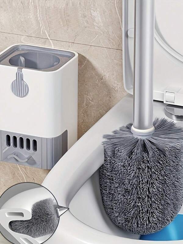 A Wall-Mounted Toilet Brush Set With A Long Handle - Featuring Soft Silicone Bristles, No Dead Corners, Equipped With A Paper Holder And Towel Rack, Manual And Non-Electric, Designed To Save Space.
