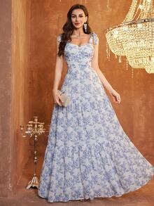 Wedding Chiffon Ditsy Floral With White Lining, Strapped, Padded A-Line Bridesmaid Dress - Blue and White - View 9