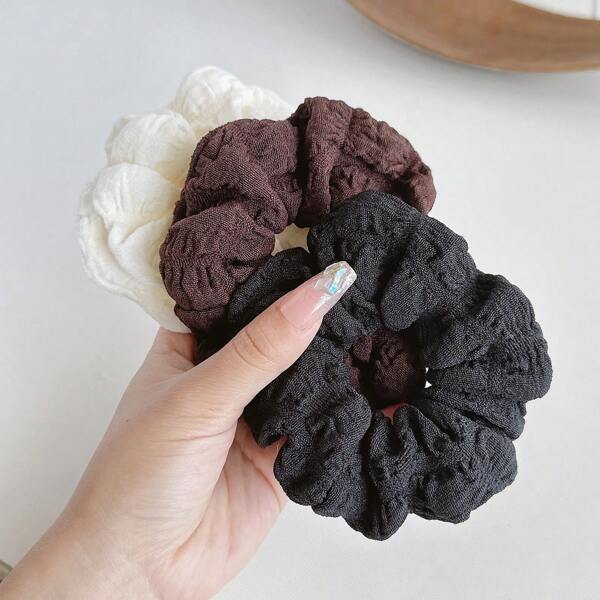 3 elásticos de cabelo plissados, preto, branco e cor café, elásticos grossos e sem vincos para coques, rabos de cavalo, elásticos de cabelo