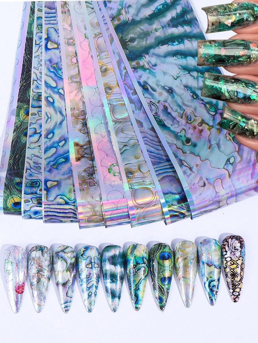 10张夏季激光闪亮贝壳波浪美甲印花贴纸,20x4厘米,全息鲍鱼图案,孔雀羽毛美甲贴纸,星空纸质DIY贴纸,适用于亚克力美甲用品 - 彩色 - 查看 1