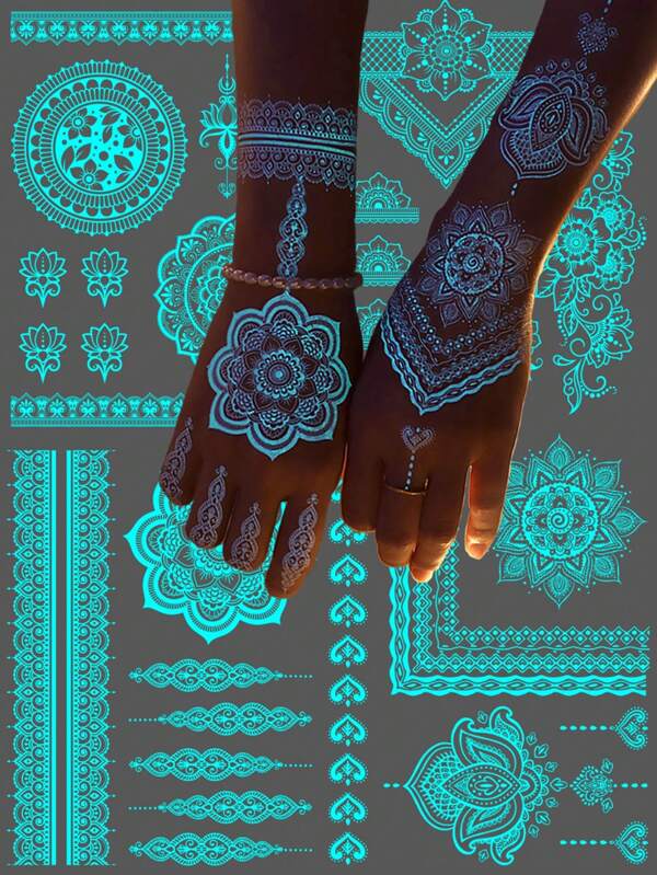 6 Sheets Blue Luminous Tattoo Stickers For Girls, White Lace Lotus Tattoos Mandala Flower Fake Jewelry Pendant Pattern, Glow In The Dark Waterproof Fake Tattoos For Arm Neck Hand Back Finger, Wedding Music Festival Party Supplies