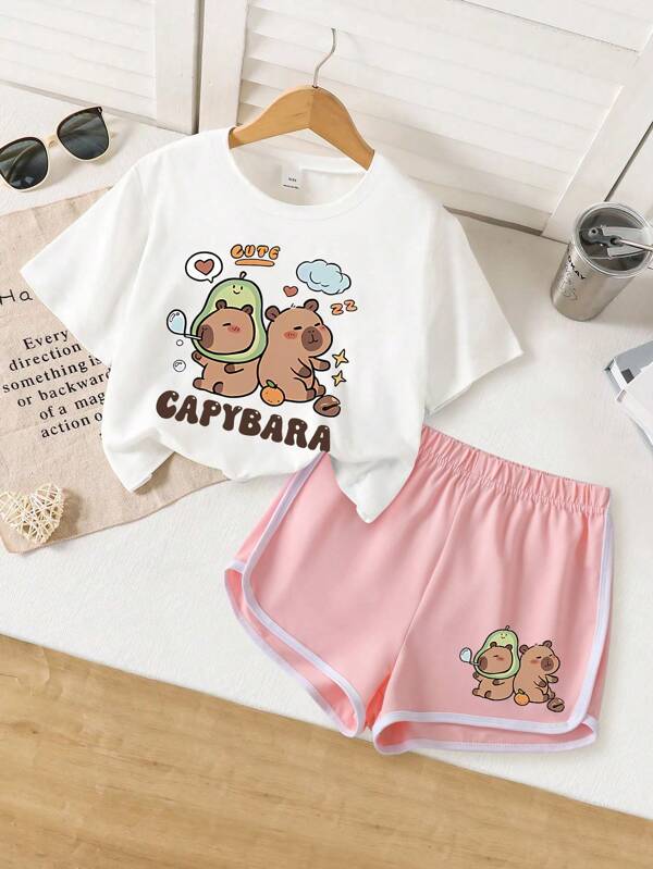 Conjunto de 2 piezas para niña preadolescente con camiseta y pantalones cortos con estampado de capibara, cómodo y suave para uso diario