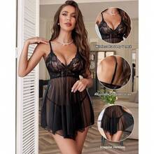 Women Lingerie Lace Babydoll Mesh Nightgown Chemise Boudoir Nighty Sleepwear - 1-黑色 - 查看 3