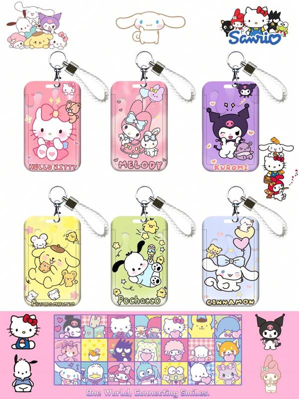 Sanrio 1 pieza Estuche para tarjetas con diseño de dibujos animados, estuche de colección de tarjetas de identificación de estudiantes, hebilla fácil de tirar y cordón telescópico, estuche para tarjetas de identificación, estuche para insignias escolares y laborales, con estampado de la familia Sanrio
