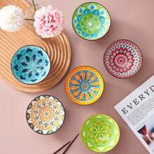 6pcs/Set - 4.72 Inch Glazed Ceramic Bowls, Bohemian Style Ceramic Bowl Set, Cereal Bowl, Soup Bowl, Dessert Bowl, Salad Bowl, Rice Bowl, Dishwasher/Oven/Microwave Friendly, Multi-Functional Kitchen Tableware, Suitable For Home And Restaurants,School Supplies