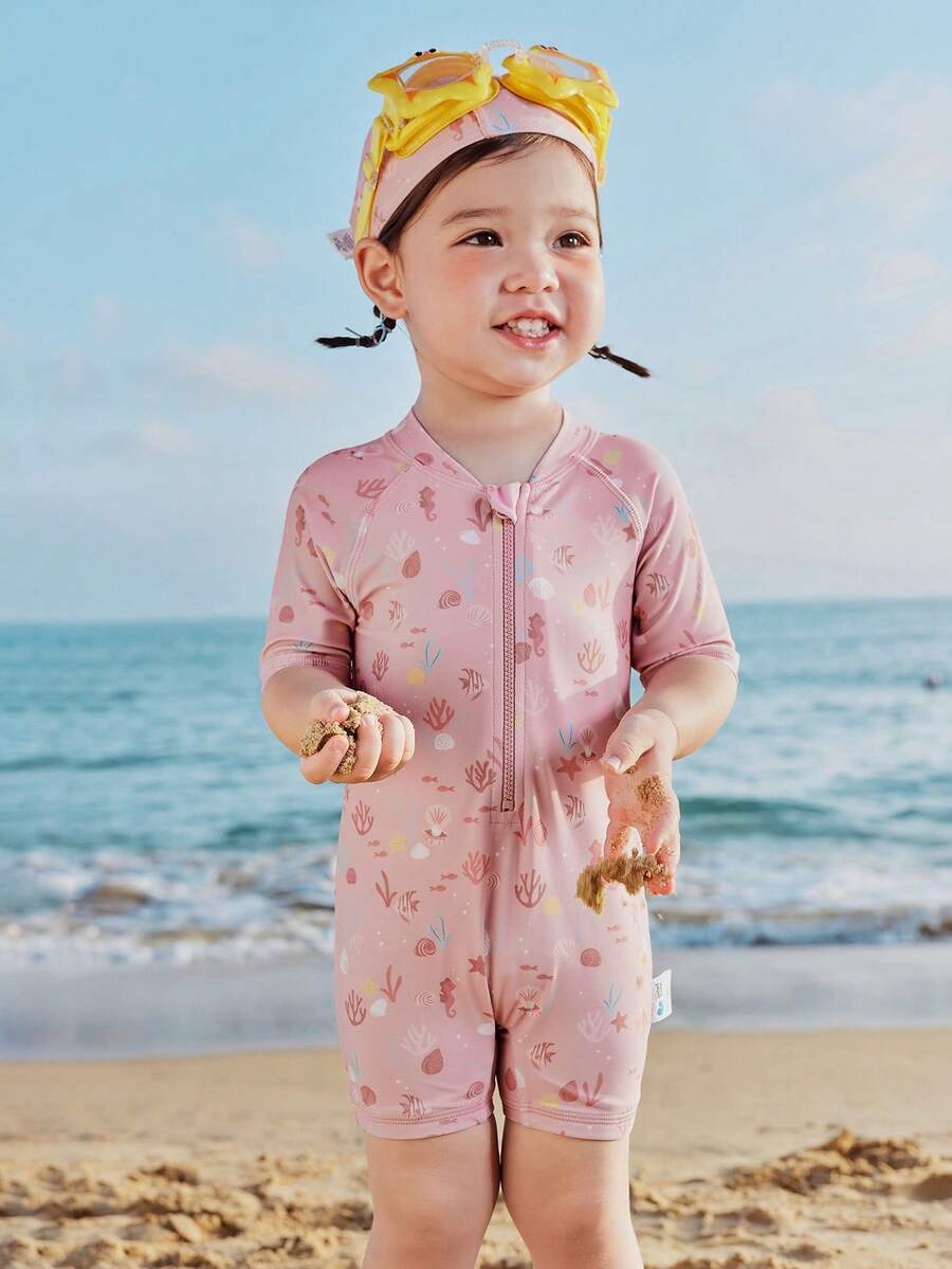 mini bala 小女孩夏季连体泳衣 - 短袖带帽，防紫外线 - 紅色調 - 查看 1