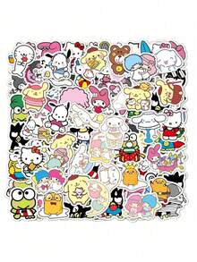 120 件 Sanrio 官方*贴纸可爱图像高品质防水 Hello Kitty My Melody Kuromi Cinnamoroll Pochacco 和其他角色系列 PVC 贴纸办公室标记标签行李电脑手机马克杯桌面 DIY 自粘贴纸生日圣诞节礼物送给家人的最佳礼物