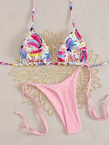 2pcs Women Summer Beach Pattern Print Halter Tie String Sexy Thong Bikini Swimsuit Set - Pink - View 3