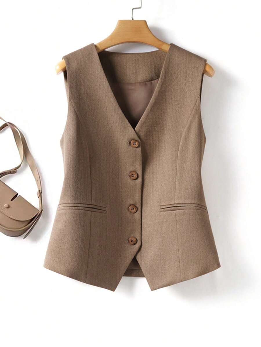 Áo ghi lê đơn hàng khuy cổ chữ V thời trang cho nữ, áo khoác vest thời trang cho mùa xuân và mùa thu - Lạc đà - Xem 1