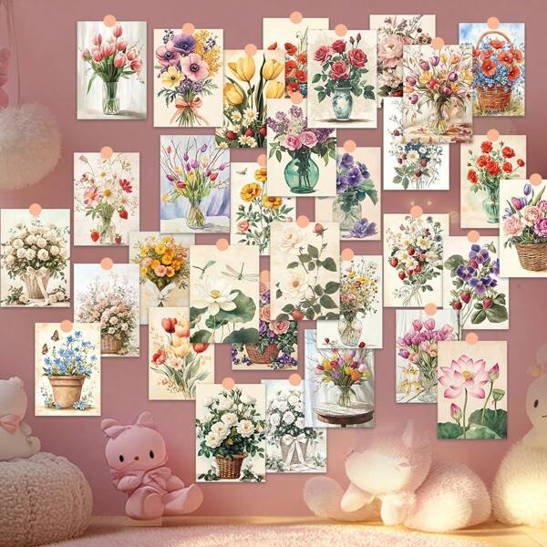 32pcs/Set Floral Postcards, Flower Pot, Birthday Gift, Memorial Gift, Themed Diary/Decoration/Greeting Card/Postcard, Thick Card Paper, High-Resolution Printing, Collectible Gift, Artistic Gift, Decorative Stickers, Souvenirs, Collectable And Mailable School Supplies, Back To School
