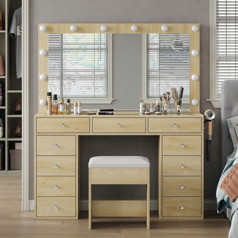 FUSOU Vanity Desk & Power Outl, Makeup Vanity With Mirror And 12 LED Lights, Makeup Table With 11 Drawers, Vanity Table With Chair,Vanity Set 3 Lighting Modes Brightness Adjustable-(Nature) - US B Type Plug(110-127V) - View 1