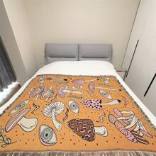 1pc Pink Mushroom Jacquard Tassel Knitted Blanket, Sofa Throw, Nap Blanket, Air-Conditioning Blanket, Car Blanket, Wall Hanging, Picnic Mat, Camping Rug, Thick Soft, Washable, No-Fading & Pilling, Suitable For Home Decor And Outdoor Picnic