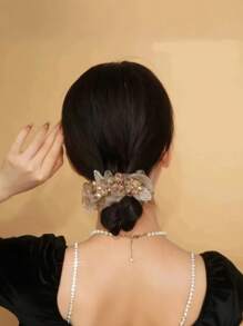 [ One Size Fits All -1PC, Random Color ]Women's Mesh Lace Flower Crystal Headband, Suitable For Daily Hair Styling, Low High Bun Hairstyle, Suitable For Party And Birthday Hair Styling, Bun Hairstyle, Flower Rubber Band Headband