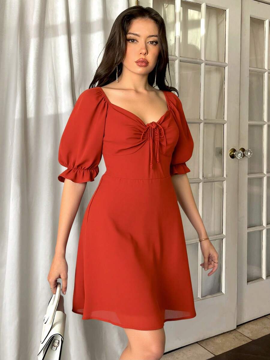 Vestido corto dama mujer manga corta olan escote corazon fruncido fresco elegante olan moño femenino casual elegante - Shedron - Ver 1