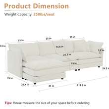 Modular Sectional Sofa, 111.5 Inch L Shaped Couch Set For Living Room, 3-Seater Comfy Cloud Couches With Movable Ottoman, DIY Combination, Chenille, Beige - 米色3人座+腳凳 - 查看 2
