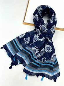 优雅简约丝巾，时尚女士真丝围巾，色彩鲜艳的印花大披肩，波西米亚风沙滩披肩，春夏棉麻质感披肩 - 彩色 - 查看 2