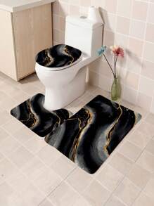 1pc/4pcs Black Marble Patterned Summer Shower Curtain Four Piece Set, Including Waterproof Shower Curtain, Non Slip Floor Mat, Toilet Seat Cover, And U-Shaped Mat, Complete Set Of Shower Curtain Kit, Twelve Hooks, Bathroom Decoration, Holiday Gift Back To School